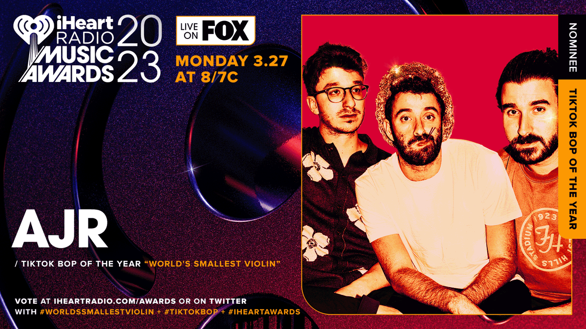 iHeartRadio's tweet photo. VOTING ENDS TODAY! RT TO VOTE! 

🔥 @AJRBrothers 🔥

Vote using these hashtags: #WorldsSmallestViolin #TikTokBop #iHeartAwards
And vote on: https://t.co/aPueslpIy4 https://t.co/Gx2rK6mvyO