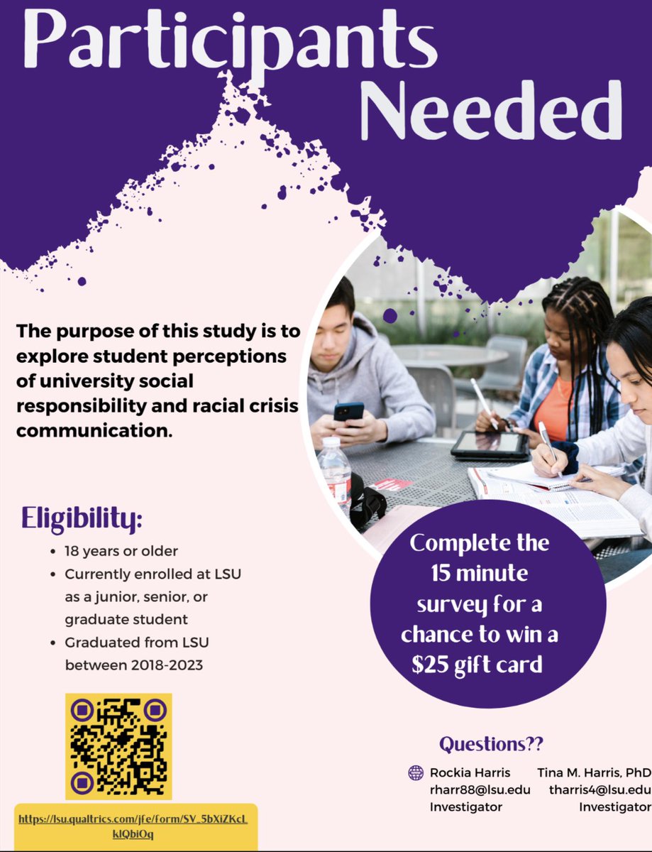 Good afternoon!
🚨I’m currently looking for LSU students and alumni to participate in my dissertation survey! Your participation also gives you a chance to win a $25 gift card. If you have questions, please let me know.
lsu.qualtrics.com/jfe/form/SV_5b…