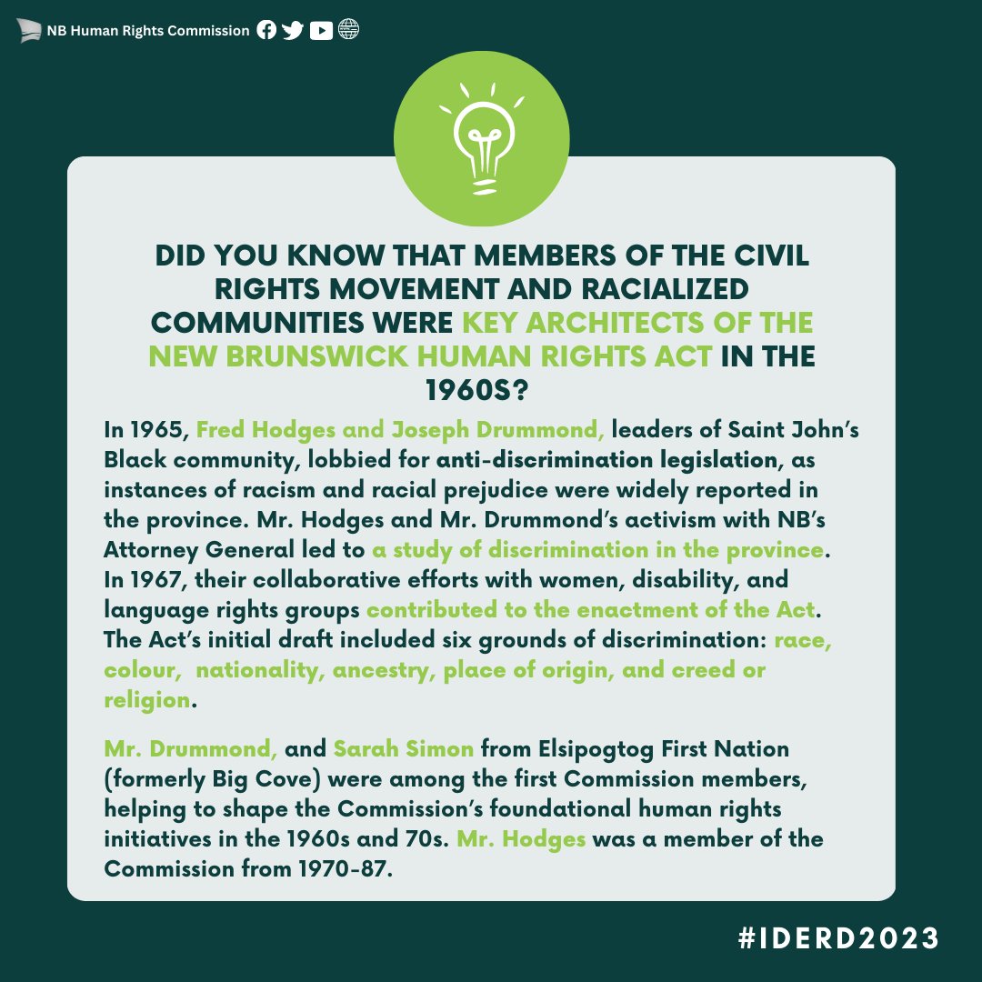 Did you know that civil rights activists and members of NB’s racialized communities were key architects of the NB Human Rights Act in the 1960s? Click on the infograph below to learn more about their contributions to NB’s human rights landscape and legacy.  #IDERD2023