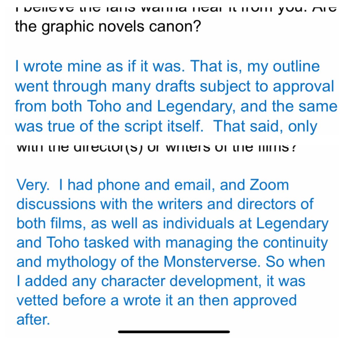 KDM_Monsters's tweet photo. Greg Keyes interview (2)
Of course they had a plan and they still have some more plans, and important happenings (Films, novels &amp; comics) are canon. Of course everything can change someday... but... only Legendary / Toho can decide. https://t.co/YTrJy4cHhF