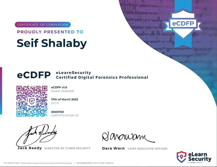 I’m happy to share that I’ve obtained my first-ever certification: eCDFP from eLearnSecurity!
Thanks to @eLearnSecurity and <a href="/binaryz0ne/">Ali Hadi | B!n@ry</a>. 
I have enjoyed the #eCDFP course.
