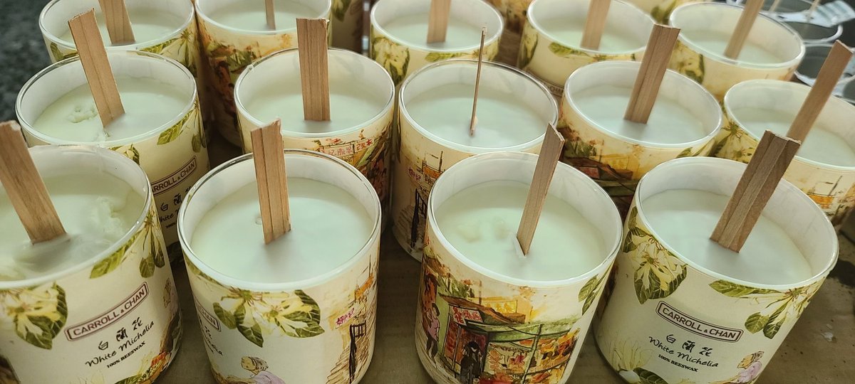 White Michelia being made today. Love the art work on this one. 100% beeswax and carbon neutral. Beeswax burns brighter, longer and cleaner.
 #HongKong #candles <a href="/CarrollandChan/">Carroll&Chan 🐝</a>