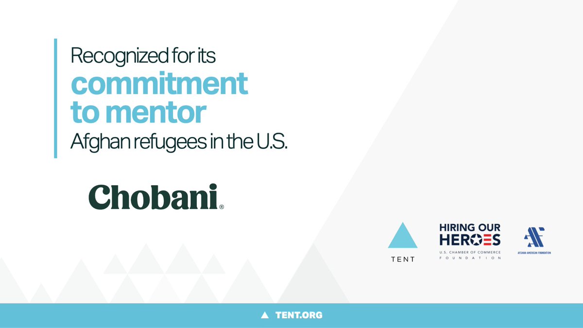 Chobani continues to lead the way when it comes to supporting #refugees. 🙌 We're so thrilled that our friends at @Chobani have joined Tent's Afghan refugee mentorship initiative & will mentor 50 Afghan refugees in the U.S. over the next 3 yrs. 🇺🇸 🤝 🇦🇫