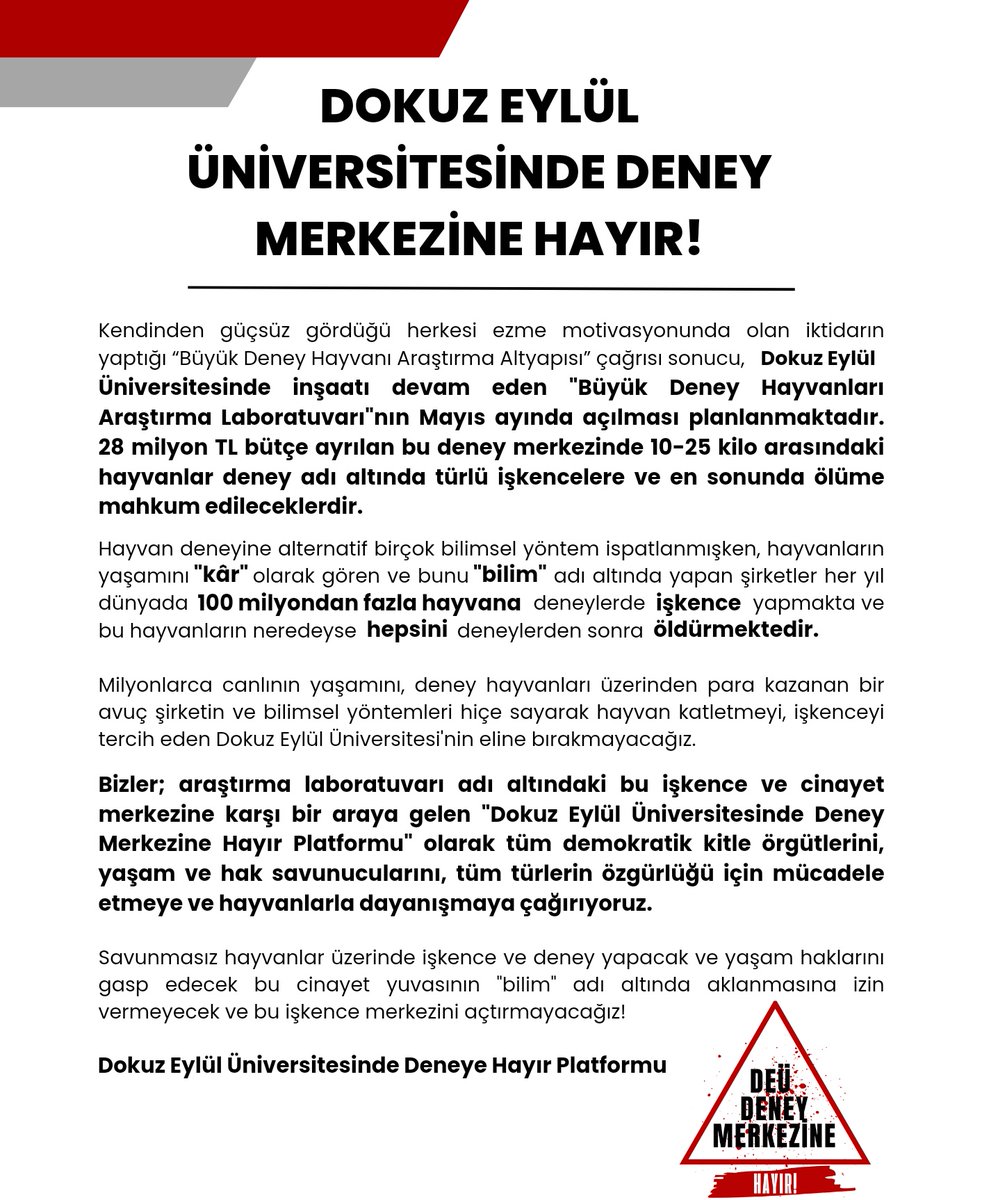 DeuDeneyeHayir's tweet photo. Savunmasız hayvanlar üzerinde işkence ve deney yapacak ve yaşam haklarını gasp edecek bu cinayet yuvasının "bilim" adı altında aklanmasına izin vermeyecek ve bu işkence merkezini açtırmayacağız!

Dokuz Eylül Üniversitesinde deney merkezine hayır! https://t.co/fAXdt6H8FK
