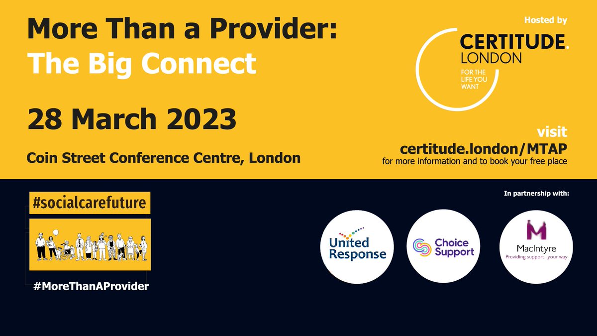 KeyRingLiving's tweet image. Are you joining us tomorrow at the #MoreThanAProvider event: #TheBigConnect? This is nothing like an old school conference, its serious stuff shared with passion and fun! #SocialCareFuture
You can still register your place certitude.london/mtap/