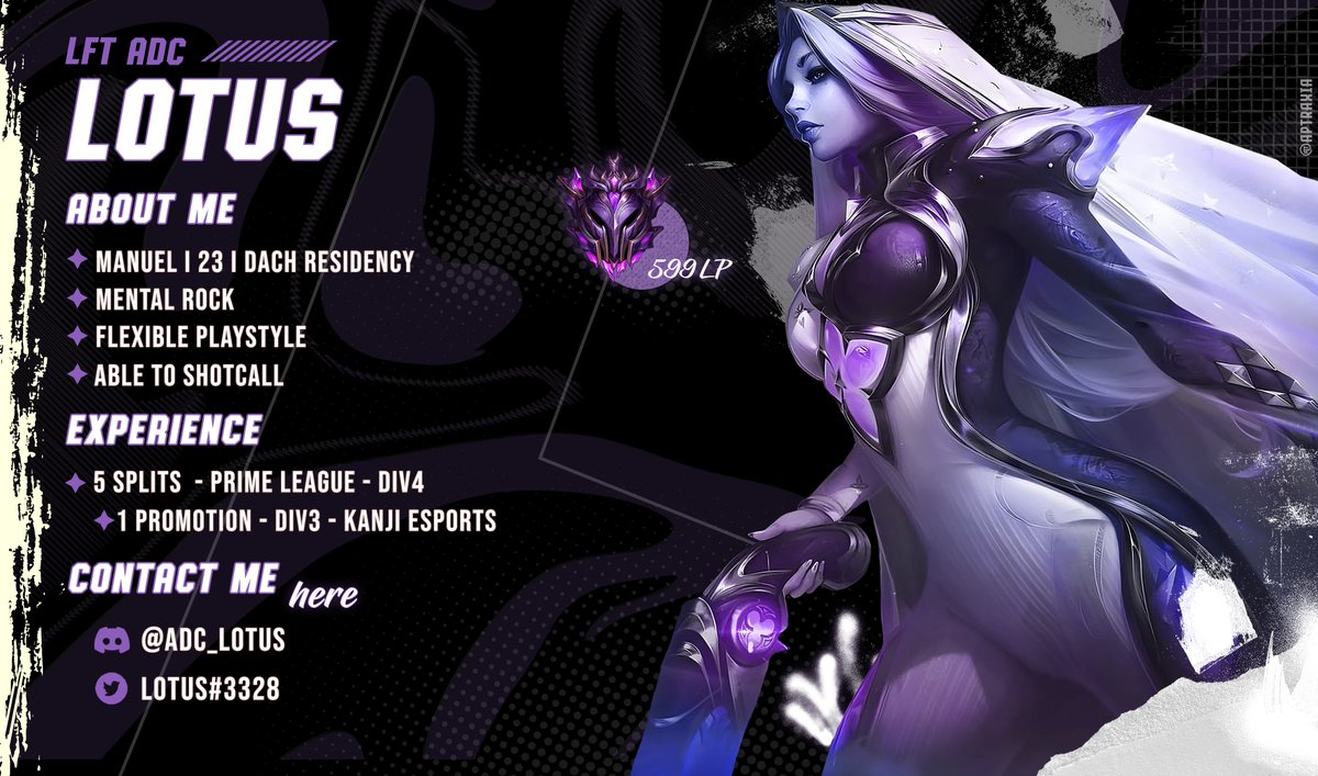 I want to announce that i´m going LFT for the next upcoming Prime League split. I will still participate in playoffs though.

I´ll be only searching for Primeleague Div 3/4

References: <a href="/CurryouLol/">David</a> <a href="/Mack21LoL/">Mack</a> 

lolpros.gg/player/lotus-2

Vods and questions on request! 💜
RT = 💞