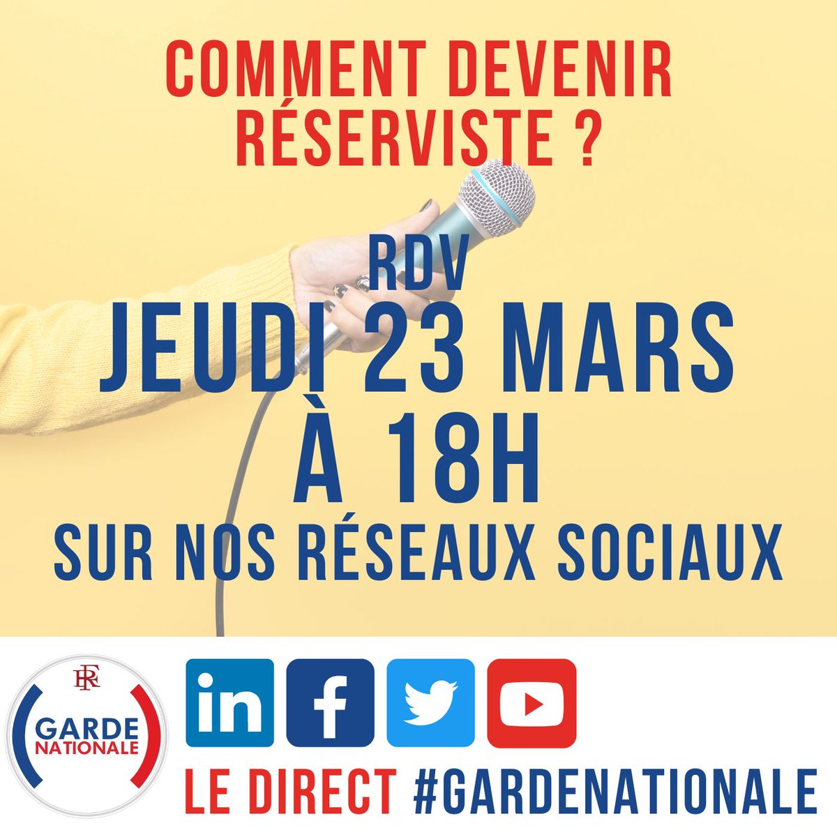 GardeNatFR's tweet photo. 𝐂𝐎𝐌𝐌𝐄𝐍𝐓 𝐃𝐄𝐕𝐄𝐍𝐈𝐑 𝐑𝐄́𝐒𝐄𝐑𝐕𝐈𝐒𝐓𝐄 ?

🗓 RDV ce jeudi 23 mars à 18h pour 𝐋𝐄 𝐃𝐈𝐑𝐄𝐂𝐓 #GardeNationale en diffusion simultanée sur LinkedIn, Facebook, Twitter et YouTube

🎙️ Posez vos questions en direct 

#FiersDeNosReservistes #réserviste #réservistes https://t.co/IOVJpAuNvm