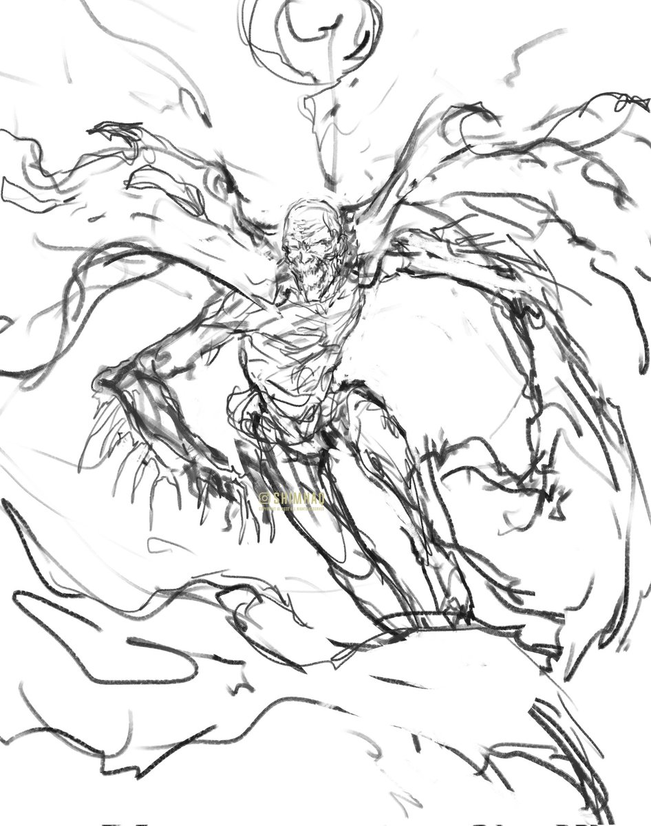 Went through many sketch poses before I finalized on this one. I really wanted it to be dynamic, but also reflect on the fight, show off the area where you fight and also capture that dark gloomy mood 