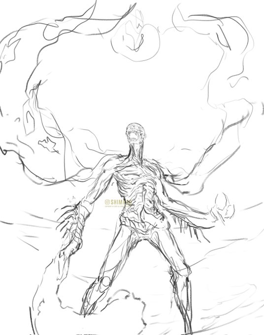 Went through many sketch poses before I finalized on this one. I really wanted it to be dynamic, but also reflect on the fight, show off the area where you fight and also capture that dark gloomy mood 