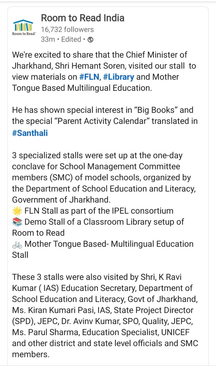 suraj1809's tweet image. It was a proud moment for the Room to Read India Jharkhand team that @HemantSorenJMM Shri Hemant Soren, Chief Minister of Jharkhand visited three stalls viz. #FLN stall, Stall of a #ClassroomLibrary and Mother Tongue Based- Multilingual Education ( #MTBMLE) Stall.