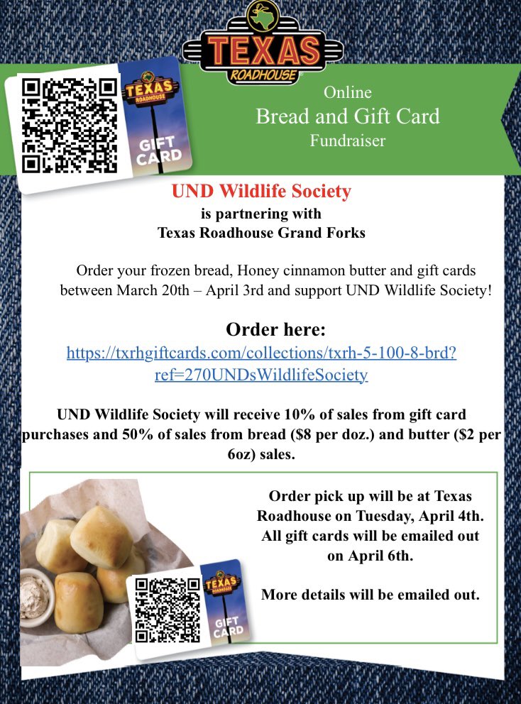 Order some Texas Roadhouse bread right in time for Easter!!! Just click the link to buy! You can also order gift cards! Part of the proceeds goes to the UND Wildlife Society! txrhgiftcards.com/collections/tx…