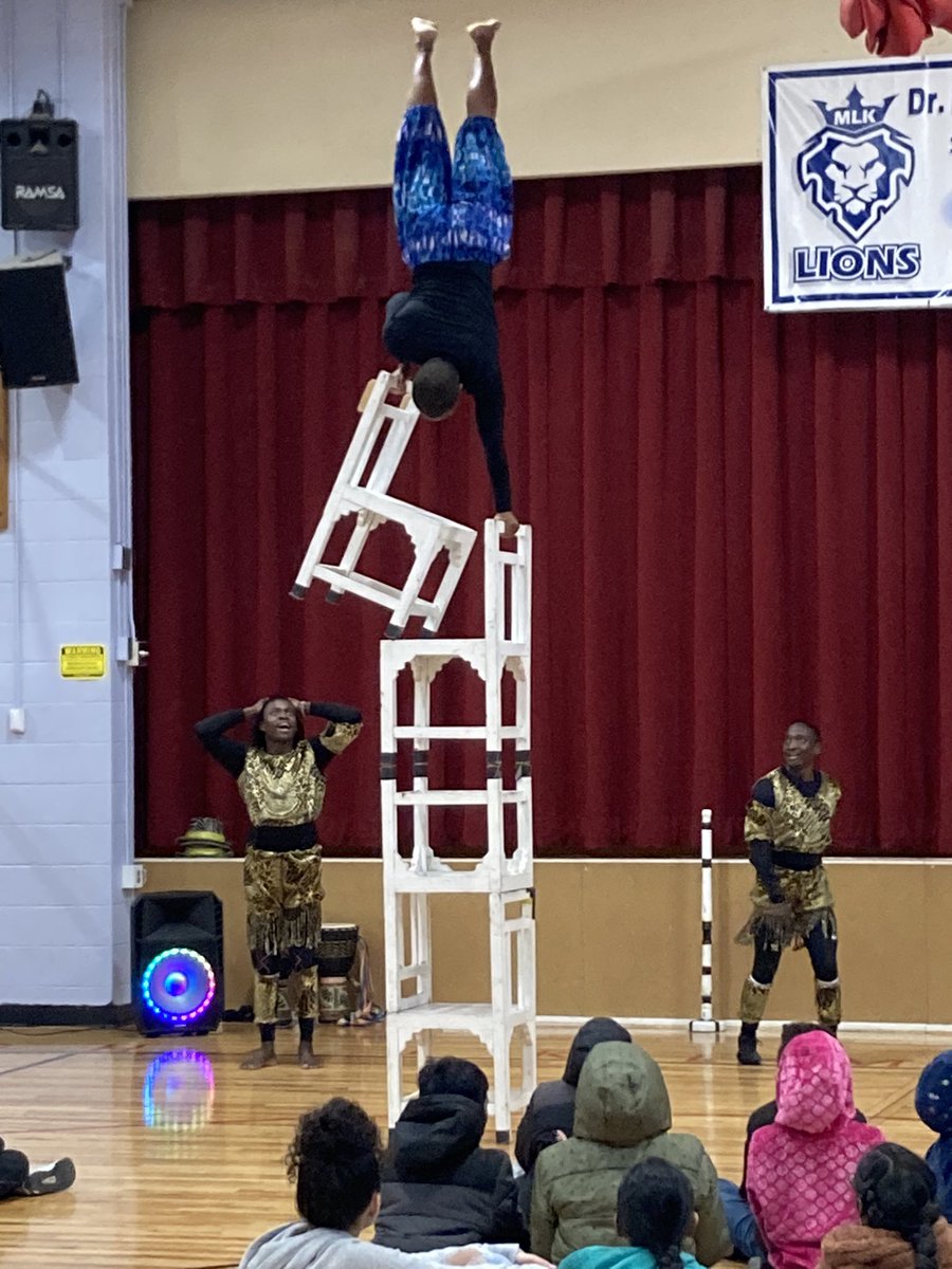 ambevans2's tweet photo. Zuzu African Acrobats were phenomenal! Their performance got the feel-good neurochrmicals going and students ready to learn! #KingSCSD https://t.co/9ztaM2D0Ds