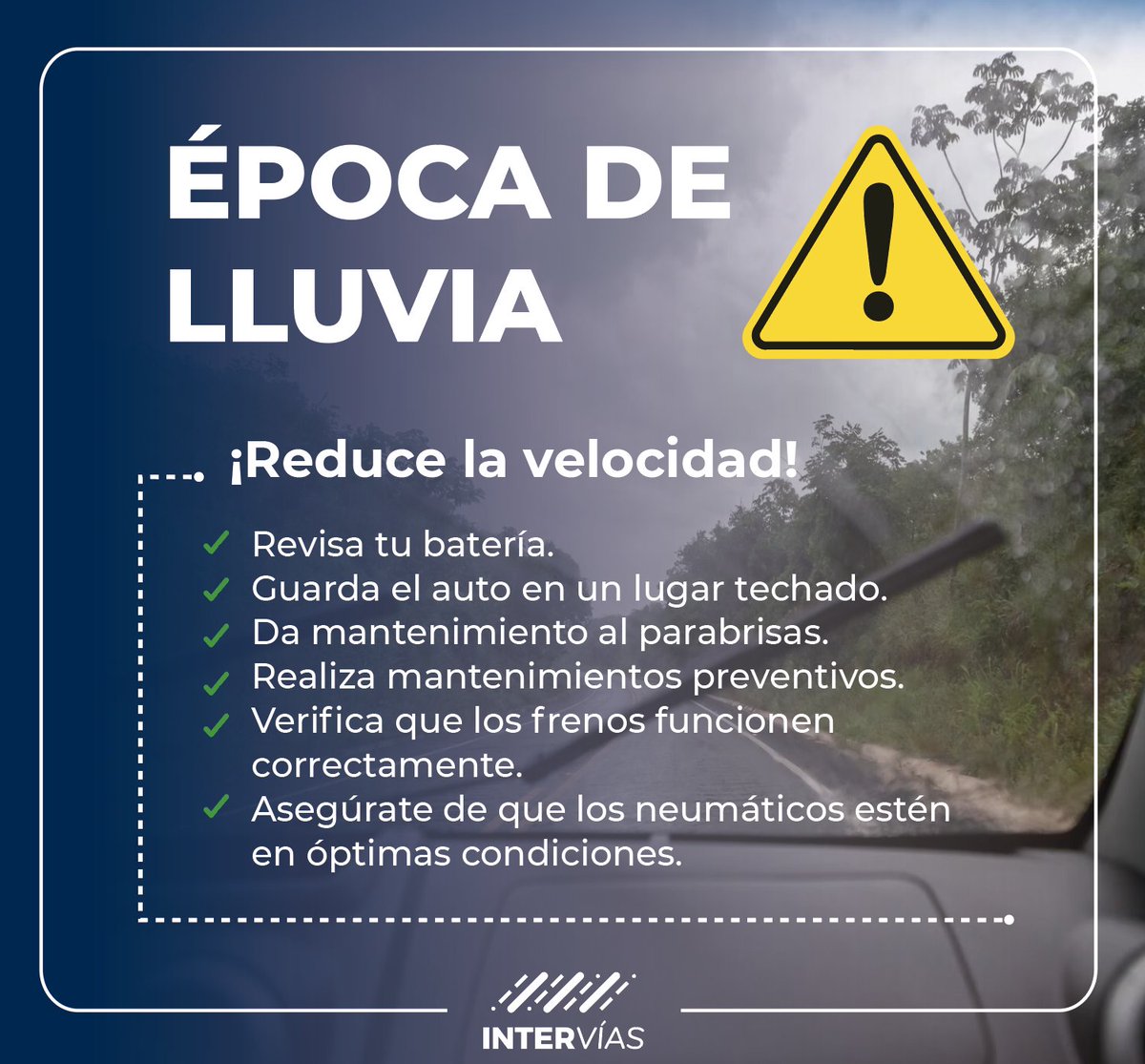 Intervias_ec's tweet photo. #PRECAUCIÓN ⚠️
Te dejamos algunos #TipsViales para que manejes seguro en la época de lluvia: 🌧
En el invierno debes ser más precavido y no te distraigas cuando vayas al volante, evita accidentes.
¡Recuerda siempre maneja con precaución! https://t.co/PxhJ6Qy1aY