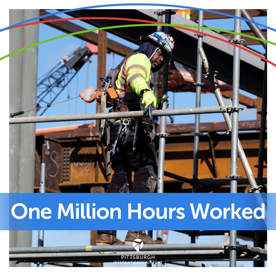 PITairport's tweet photo. One million labor hours have been tallied on PIT’s Terminal Modernization Program, which includes a new landside terminal and Multi-Modal Complex. Built for and by Pittsburgh, the project will generate $2.5 billion in economic activity and create 14,300 jobs. #PITtransformed https://t.co/otDN4GVnNN