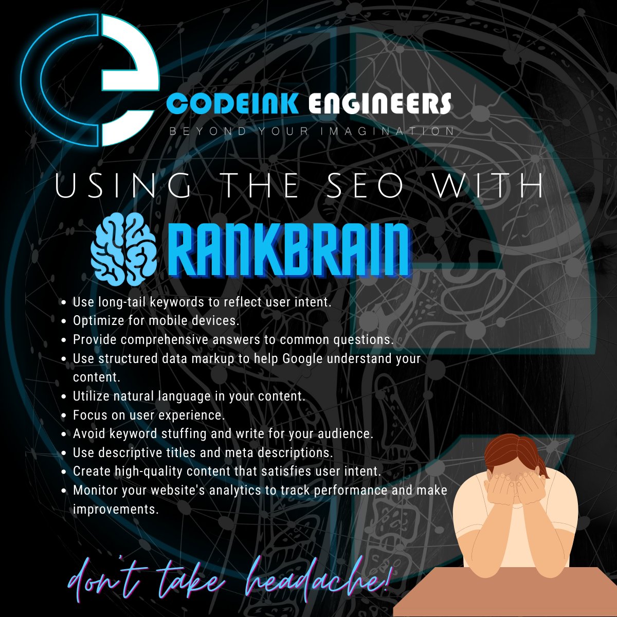 codeink_eng's tweet image. #rankbrain has made significant improvements to #seo by understanding and interpreting the meaning behind search queries. By creating high-quality #content that delivers value to the audience, businesses can #improve their #website #ranking on #searchengines results pages.