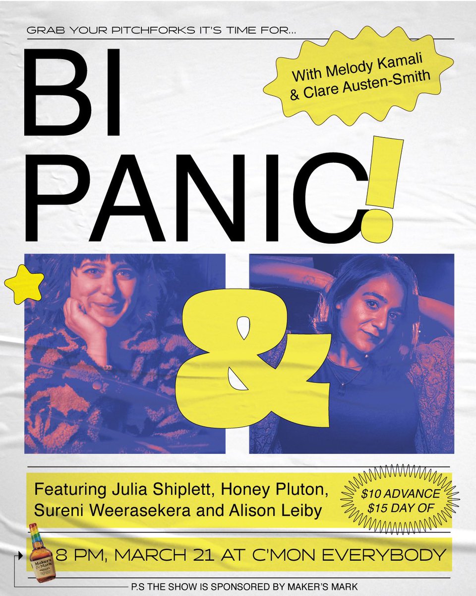 2MORROW 💖 FIRST DAY OF SPRING 🌷 FIRST DAY OF BI PANIC 😋 8pm at Cmon Everybody hosted by me and @MelodyKamali with @honeypluton @juliashiplett @sureni + @AlisonLeiby! And maybe even a special guest 🕵🏻 Tickets: bit.ly/3JQCfrg