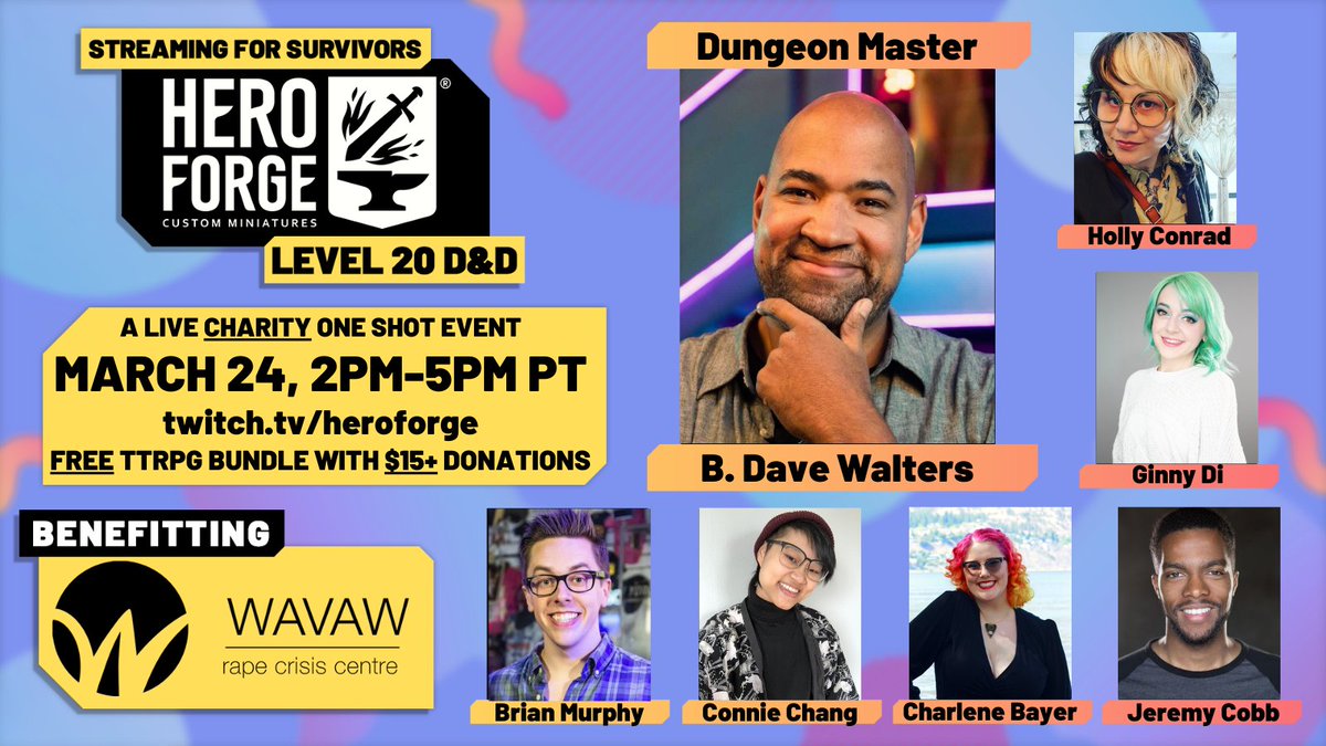 Don't miss our #StreamingForSurvivors Level 20 #dnd one-shot with @HeroForgeMinis, featuring DM @BDaveWalters & players @itsginnydi, @CharleneBayer, @JeremyCobb1 @byConnieChang, @HollyConrad, & @chmurph! Get a personal thank you video from the cast: tiltify.com/@drinkingandsc…