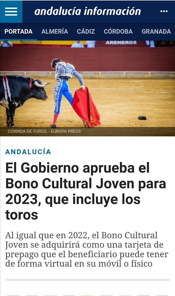 PartidoPACMA's tweet photo. ¡Vergüenza Nacional!
El Gobierno aprueba el Bono Cultural joven de este año. 
Los jóvenes que cumplan 18 años en 2023 podrán gastar hasta 200€ en espectáculos taurinos. 
Con nuestros impuestos NO a la Tortura. 
Este Gobierno se está cubriendo de gloria...
https://t.co/GyQ27D4AOw https://t.co/zG6N74gvkw