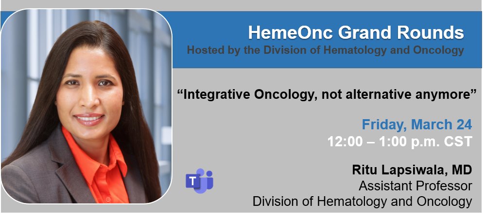 It's time for another Hematology & Oncology Grand Rounds this Friday at noon. Come hear @ritu_lapsiwala!