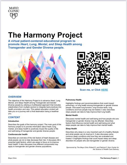 MayoPCCM's tweet image. Check out the #HarmonyProject, a virtual patient-centered educational program to promote heart, lung, mental, and sleep health among transgender and gender diverse individuals! @DrivingPressure #inclusivehealthcare @mayoclinic