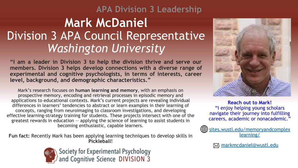 Division 3 of APA (@apadivision3) on Twitter photo #MeetYourDiv3Leaders: Mark McDaniel, Division 3 APA Council Representative, Professor of Psychological and Brain Sciences at <a href="/WashingtonUniv/">Washington Universit</a>.
sites.wustl.edu/memoryandcompl… #MeetYourDiv3Leaders: Mark McDaniel, Division 3 APA Council Representative, Professor of Psychological and Brain Sciences at <a href="/WashingtonUniv/">Washington Universit</a>.
sites.wustl.edu/memoryandcompl…