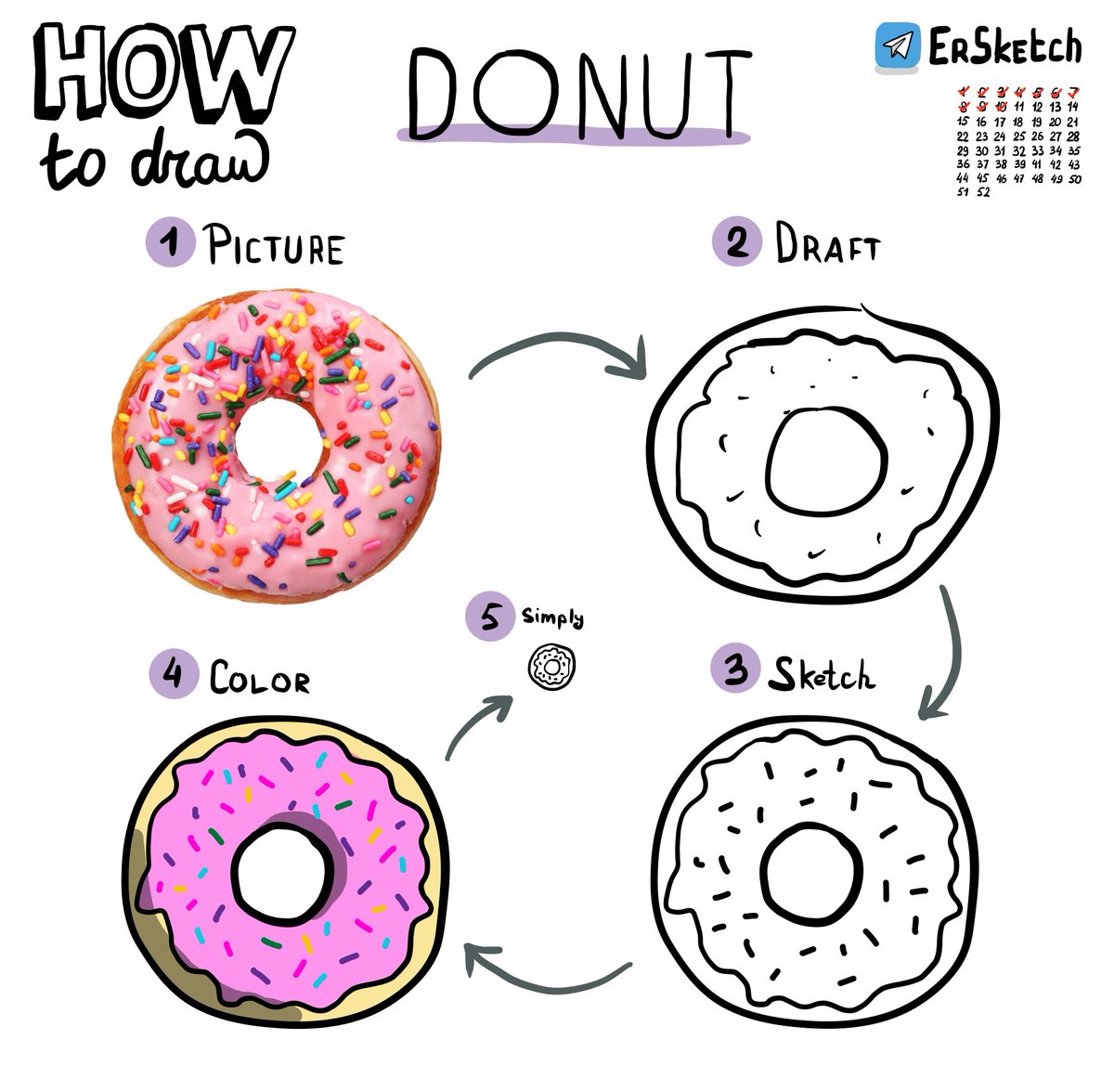 #HowToDraw

It's not difficult to draw a donut. You need to draw a circle with a round hole in the middle. Add icing and powder to taste)