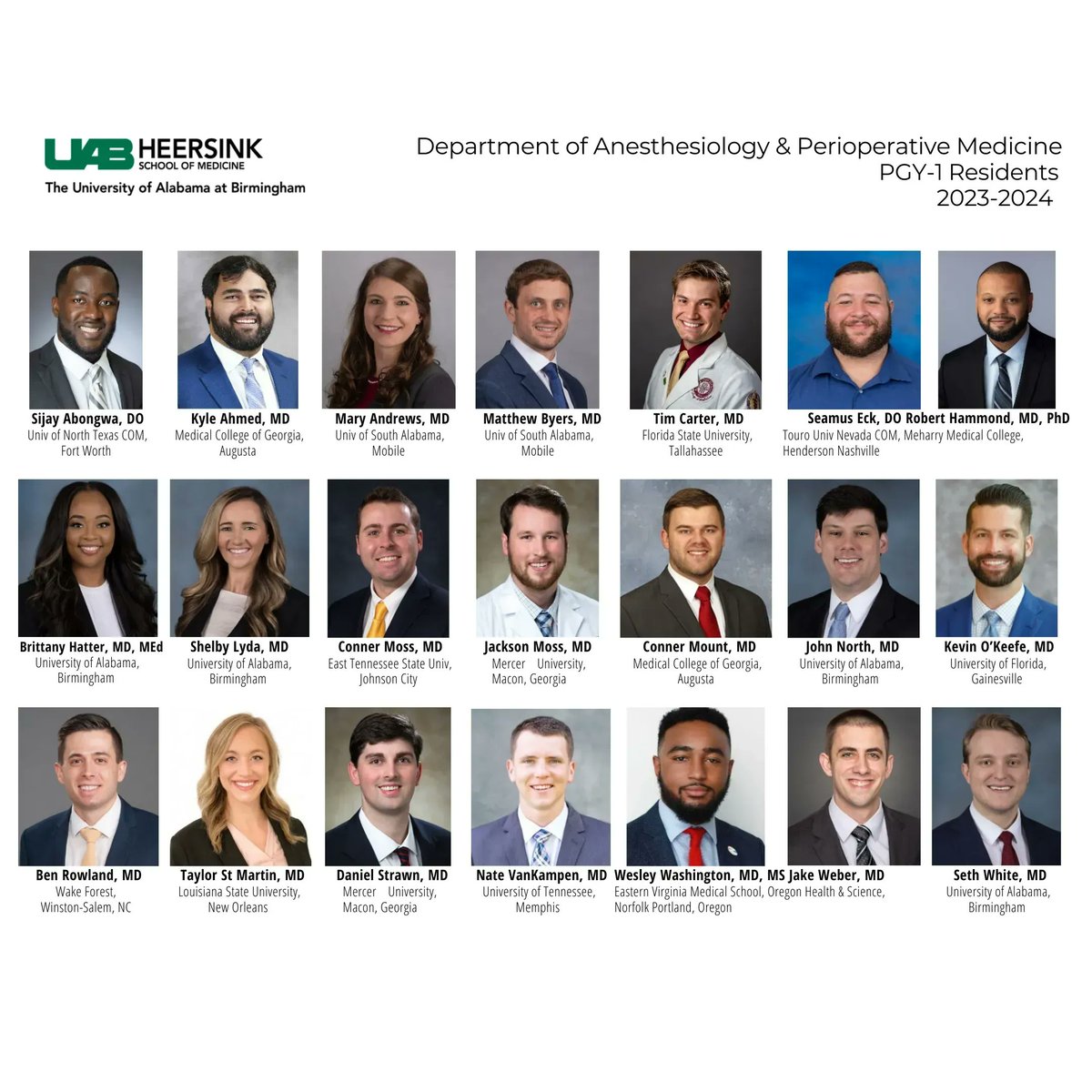 We are thrilled to announce our incoming residents from #MatchDay2023! We welcome you into our @UABAnesResident family! #Match2023 @UABHeersink