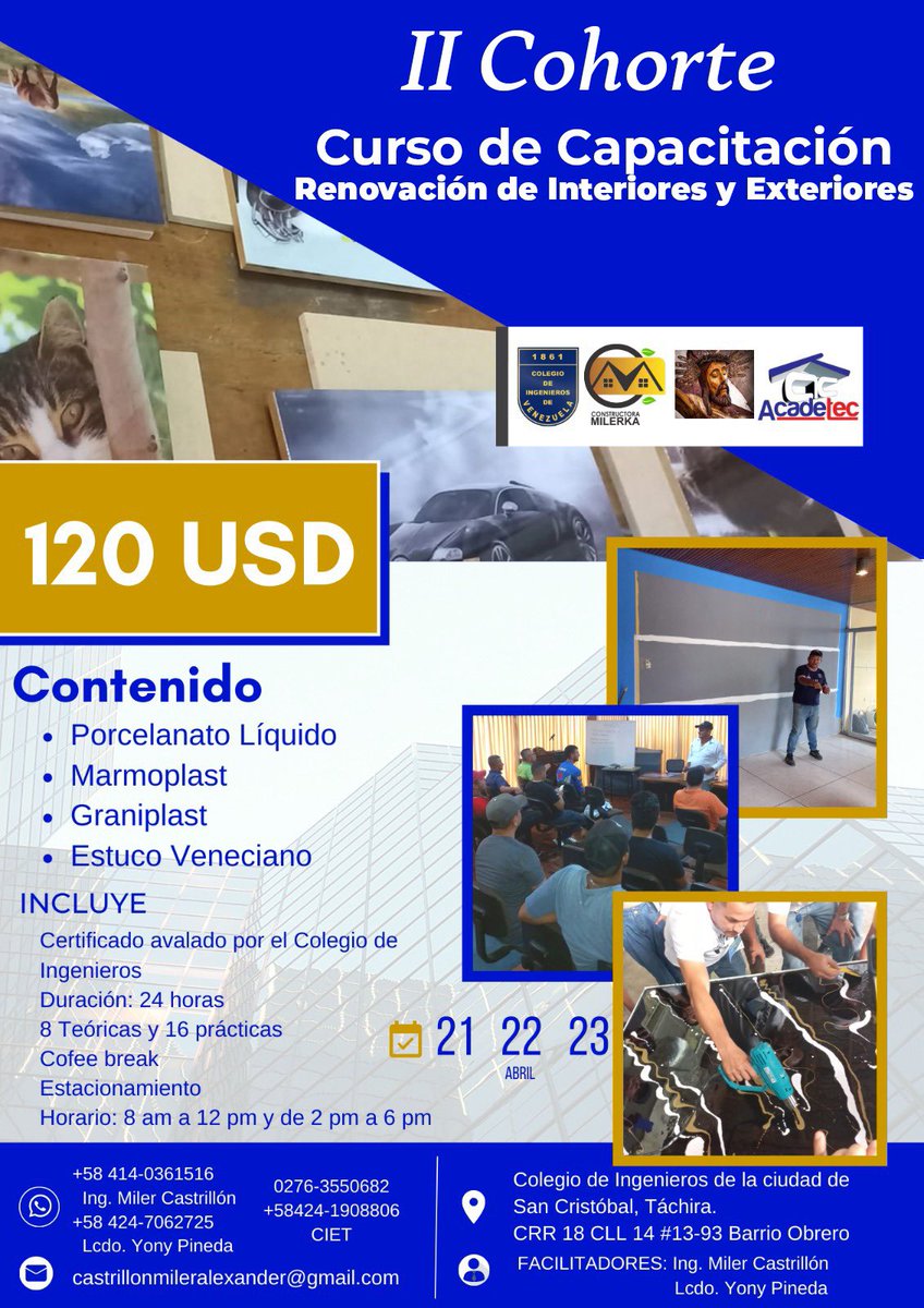 CIETGREMIO's tweet photo. Este próximo 21, 22 y 23 de #Abril en nuestras instalaciones del @cietgremio estaremos realizando el:

✅ “Segundo Curso de Capacitación de Diseños Interiores y Exteriores”.

¡Inscríbete!🙌🏻

Contáctanos:
📞 02763550682
📲 @CIETGremio

El Gremio Somos Todos🤝🏻 https://t.co/o9cbQm6glO