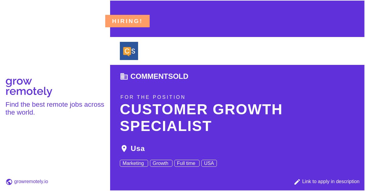 growremotelyio's tweet photo. Check out this job at CommentSold for the position Customer Growth Specialist.

 Apply link: https://t.co/ZJDpgFoyxv

#hiring #remotejobs #CommentSold #SalesandMarketing https://t.co/PQusU8xtvc