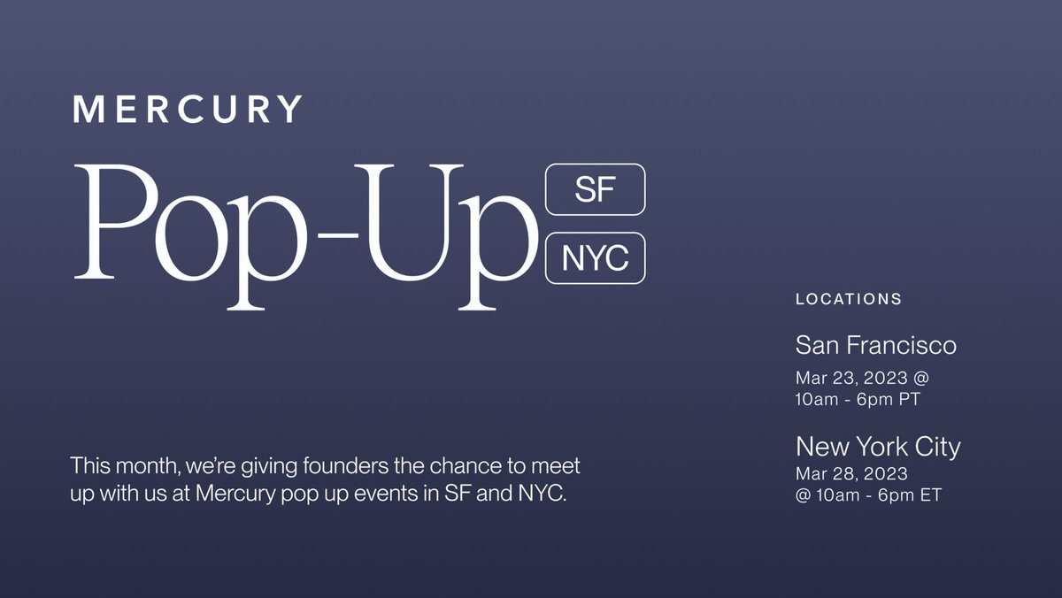 mercury's tweet photo. Founders: we’re popping up in SF &amp; NYC! ✨

Come by to get your questions about Mercury answered in person and chat with founders in the tea room – we’ll also have snacks &amp; surprises. RSVP here: https://t.co/tUUAvBPECB https://t.co/pqjGMNiiby