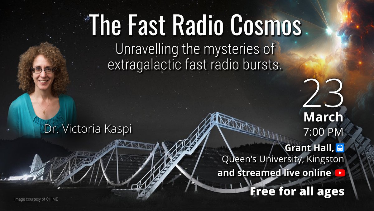 Did you know that a single fast radio burst emits as much energy in a millisecond as the sun emits over 3 days?? 🤯
Join <a href="/VictoriaKaspi/">Victoria Kaspi</a> this Thursday to learn more about the mystery of fast radio bursts and this exciting science happening in Canada! 
🎟️👉eventbrite.ca/e/the-fast-rad…