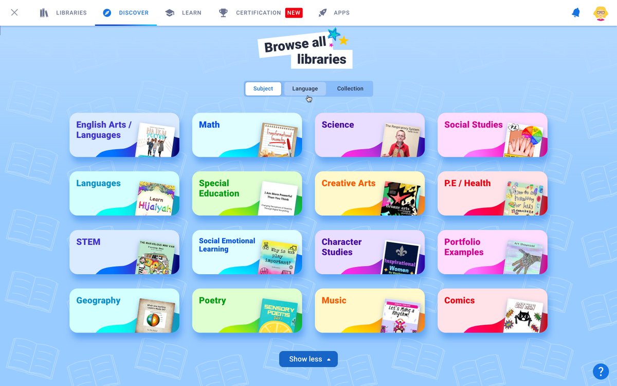 We've updated Discover!

Sign in today and check it out. You'll also see that we've added lots of new library collections like:
🔬 #STEM
💛 #SEL
💥 Comics
✍️ Poetry
＋ MORE!