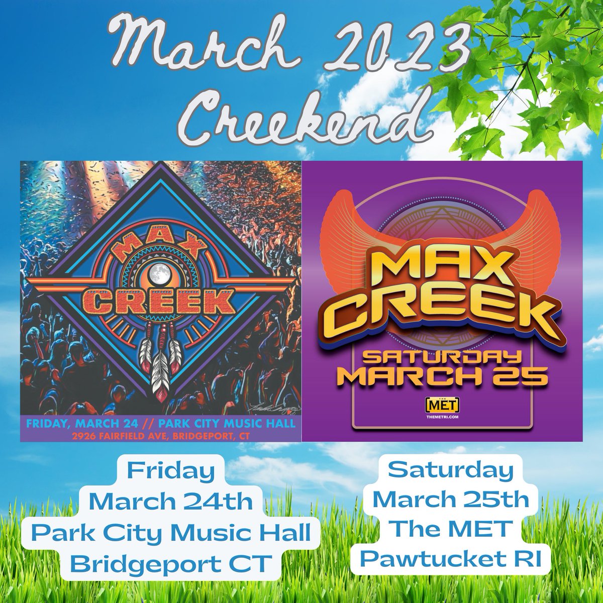 It’s the vernal equinox in a few hours which is cause for celebration in our book- also, we have a Creekend coming up!

Friday 3/24: <a href="/_PCMH/">Park City Music Hall</a> in Bridgeport CT
Saturday 3/25: <a href="/themetri/">The MET</a> in Pawtucket RI

Tix and such at maxcreek.com/shows - see you out there 🌱🌞🌸