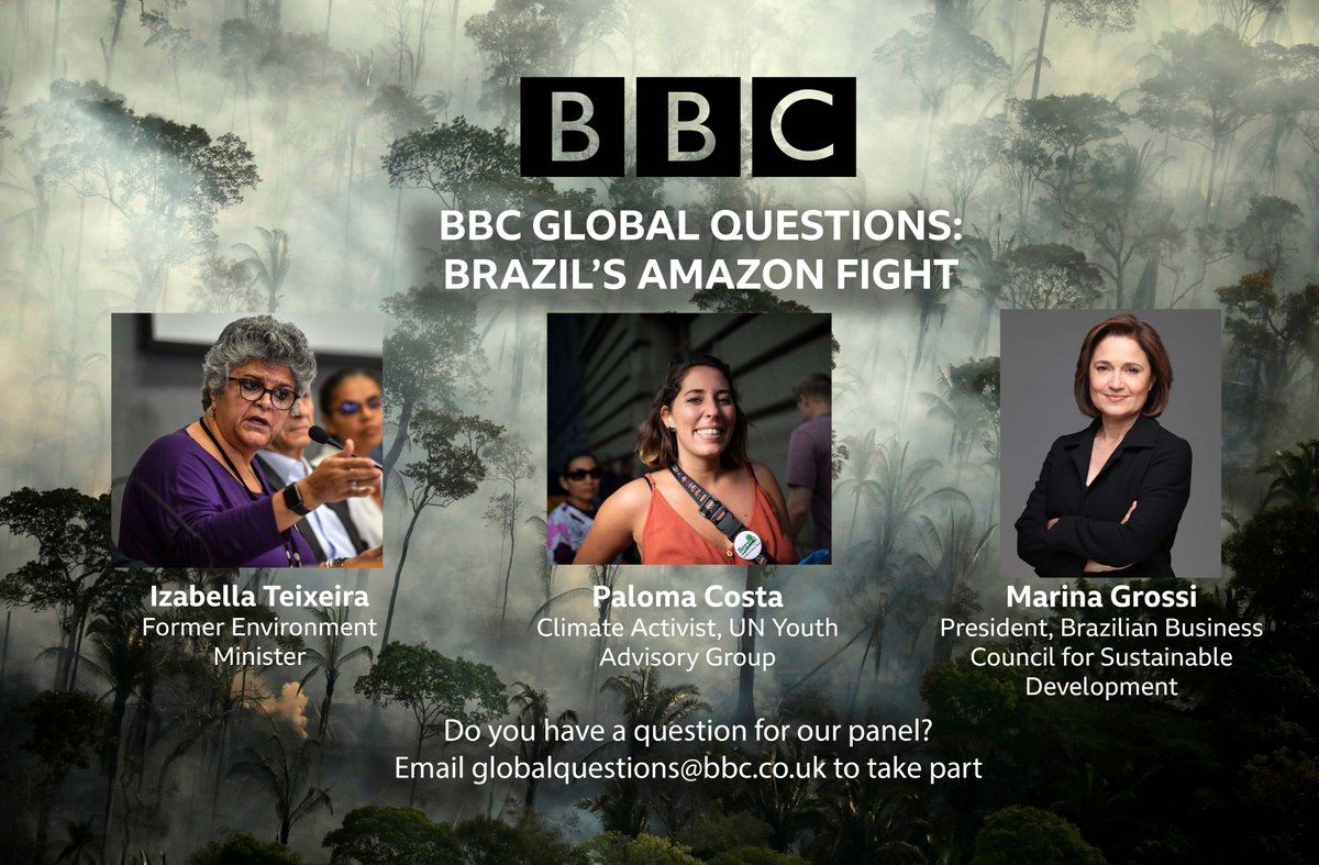 Thrilled to be joined next week in #Rio by @izabella0910 @pcopaloma and Marina Grossi to discuss the future of the Amazon, moderated by @bbclysedoucet. You can still get involved- sign up for your free tickets here: bbc.co.uk/showsandtours/… #BBCGlobalQuestions #climate