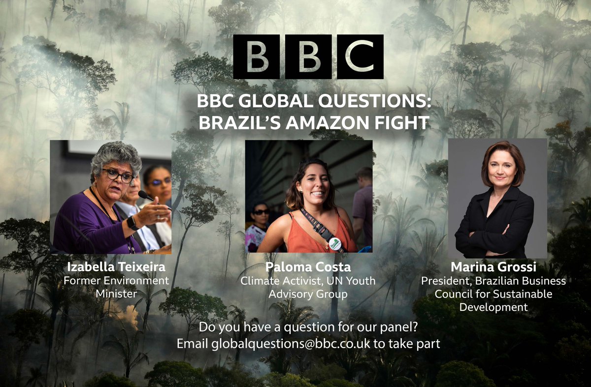 @BBC Global Questions (@bbcglobalquest) on Twitter photo Thrilled to be joined next week in #Rio by <a href="/izabella0910/">Izabella Teixeira</a> <a href="/pcopaloma/">Paloma Costa</a> and Marina Grossi to discuss the future of the Amazon, moderated by <a href="/bbclysedoucet/">lyse doucet</a>.
You can still get involved- sign up for your free tickets here: bbc.co.uk/showsandtours/…
#BBCGlobalQuestions #climate Thrilled to be joined next week in #Rio by <a href="/izabella0910/">Izabella Teixeira</a> <a href="/pcopaloma/">Paloma Costa</a> and Marina Grossi to discuss the future of the Amazon, moderated by <a href="/bbclysedoucet/">lyse doucet</a>.
You can still get involved- sign up for your free tickets here: bbc.co.uk/showsandtours/…
#BBCGlobalQuestions #climate