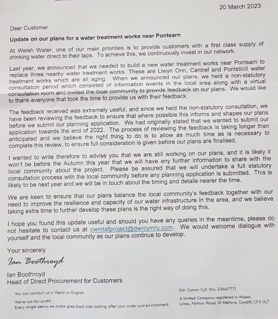 ProtectPontsarn's tweet photo. Have you had this letter from Dwr Cymru/Welsh Water? If you have, please let us know - and where you live. If you haven't had it, also let us know. We need an idea of where letters have been sent, to gauge how extensive their consultation efforts have been. Thanks very much. PP. https://t.co/HarKAoquUe