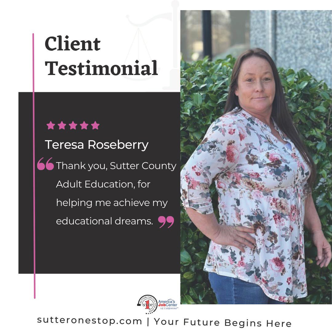 sutteronestop's tweet image. Teresa Roseberry passed the HiSet in March and now will be graduating with the Class of 2023.  She currently works a graveyard shift for an organization that assists people in recovery and has done so for the past three years. Congratulations Teresa! #SutterCountyOneStop