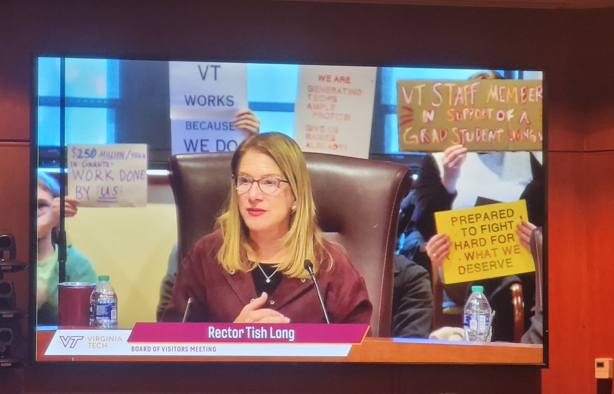 kait_malewicz's tweet photo. Here at the @virginia_tech Board of Visitors meeting with fellow grad students to advocate for a living wage! #VTBOV https://t.co/L3hRPeRv02