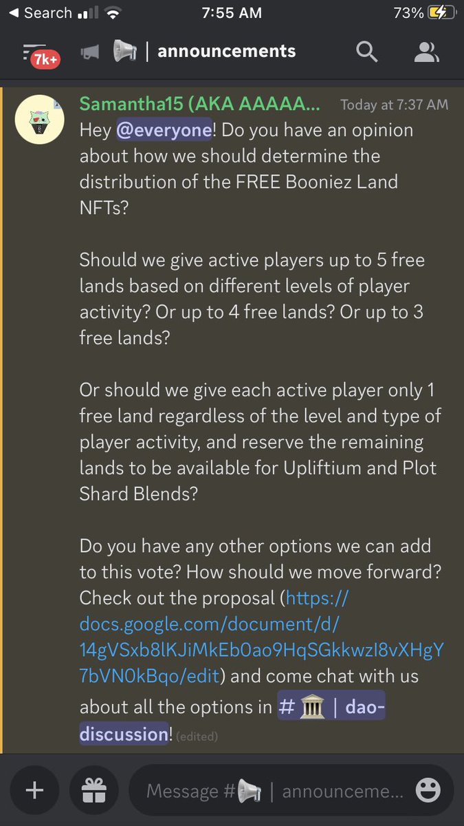theupliftworld's tweet photo. 🚨🏆NEW #DAO PROPOSAL: How many #FREE #Booniez Land NFTs should we #giveaway to ACTIVE PLAYERS at launch?!🎉
Give active players ONE FREE #NFT? Or UP TO 5 FREE NFTs? Or somewhere in between?
✅Join discord (https://t.co/RpzQVau55e) & help us create the plan!🔥 #UpliftWorld #DAO https://t.co/NcQi0OhDCN