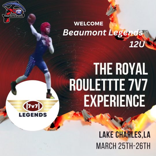 Prospects Sports (@prospects7on7) on Twitter photo The Beaumont Legends will be in the Boot! Welcome Beaumont Legends 12u to Royal Roulette 7v7 2023!! Let’s go!! <a href="/7v7_legends/">Beaumont Legends 7v7 Football</a> The Beaumont Legends will be in the Boot! Welcome Beaumont Legends 12u to Royal Roulette 7v7 2023!! Let’s go!! <a href="/7v7_legends/">Beaumont Legends 7v7 Football</a>