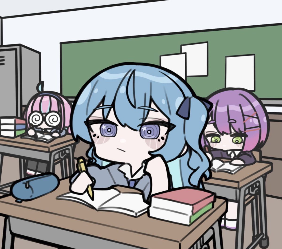 hoshimachi suisei ,tokoyami towa multiple girls desk blue hair purple hair classroom 3girls green eyes  illustration images