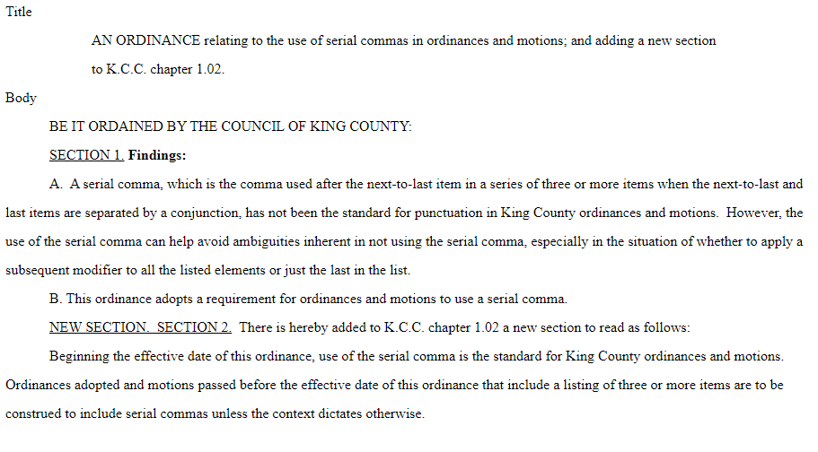 davidlgutman's tweet photo. Big grammar news: King County is looking to OFFICIALLY endorse the Oxford comma. There's legislation and everything. https://t.co/k6iT8ueoJT