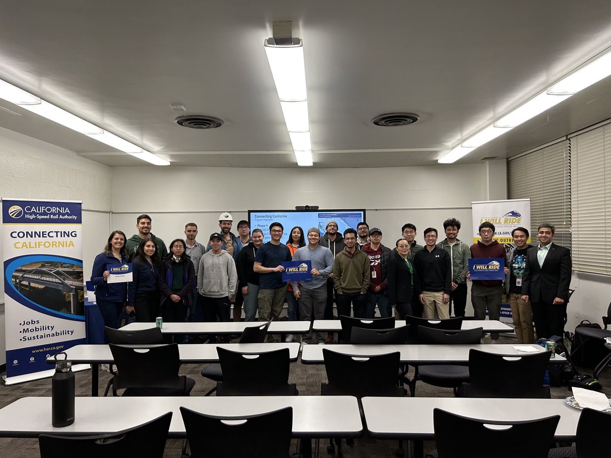 CaHSRA's tweet photo. Last week, we joined @sacstateite for a high-speed rail panel! Members of our communications, engineering, & HR teams discussed engineering challenges & opportunities, how to get a state job with High-Speed Rail, & provided a general project overview. #StingersUp #GoSacState https://t.co/9RRL386c3t