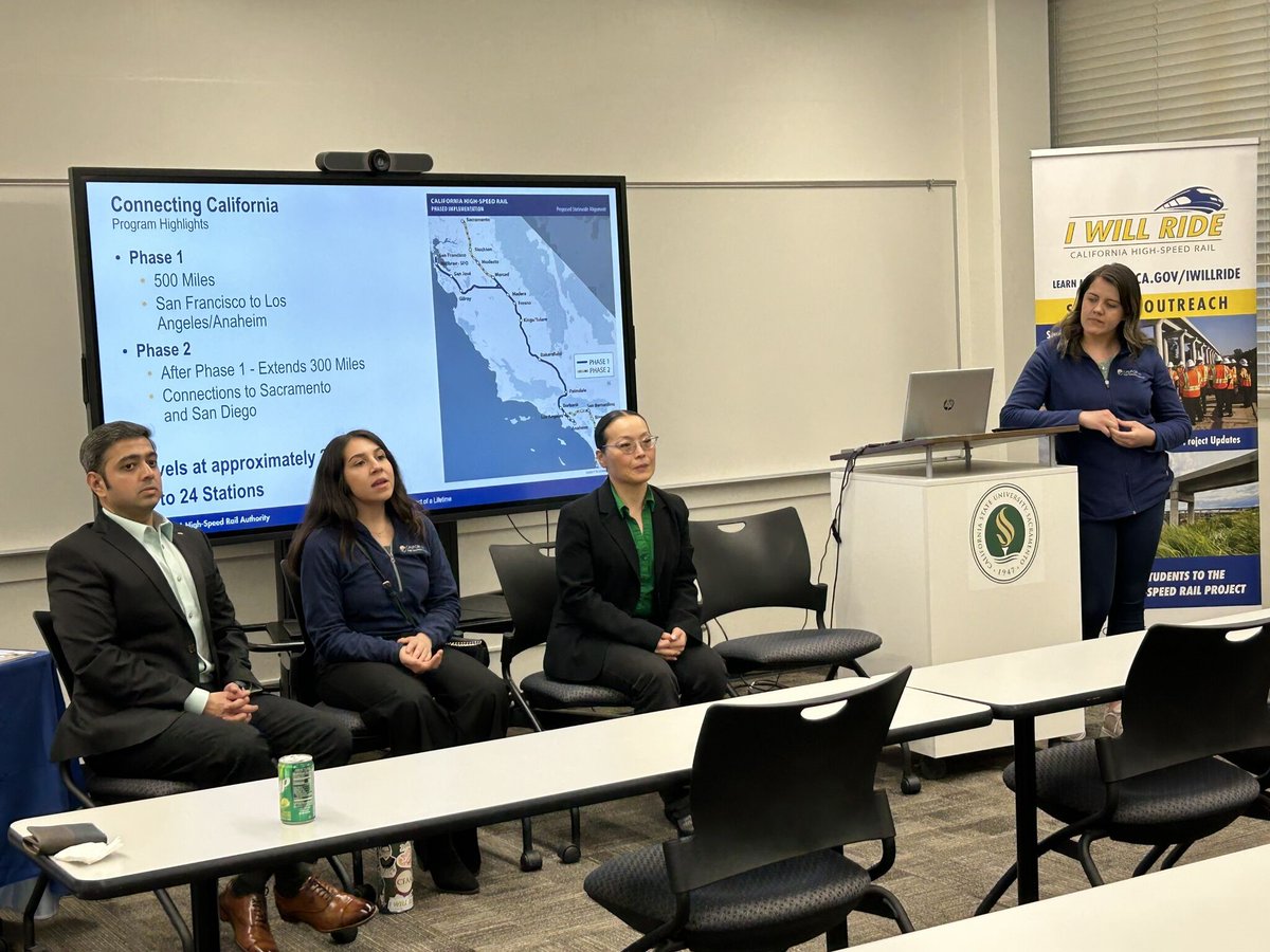 CaHSRA's tweet photo. Last week, we joined @sacstateite for a high-speed rail panel! Members of our communications, engineering, & HR teams discussed engineering challenges & opportunities, how to get a state job with High-Speed Rail, & provided a general project overview. #StingersUp #GoSacState https://t.co/9RRL386c3t