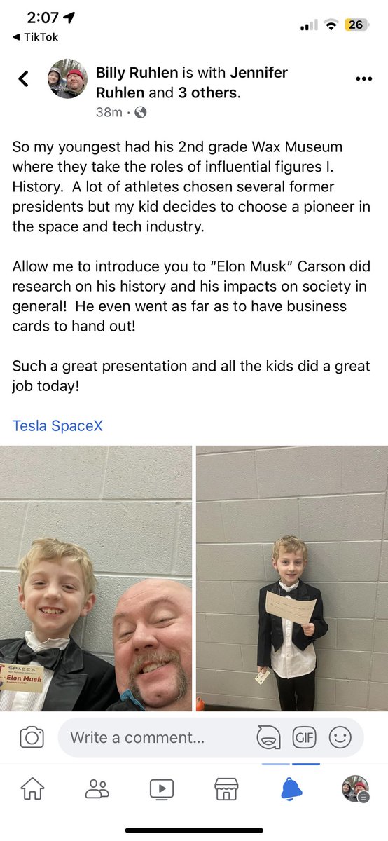 The_Chrome_King's tweet image. My second grader chose @elonmusk as his influential@person for the 2nd Grade Wax Museum project.  He had a blast all the way down to a business card he gave out to everyone!