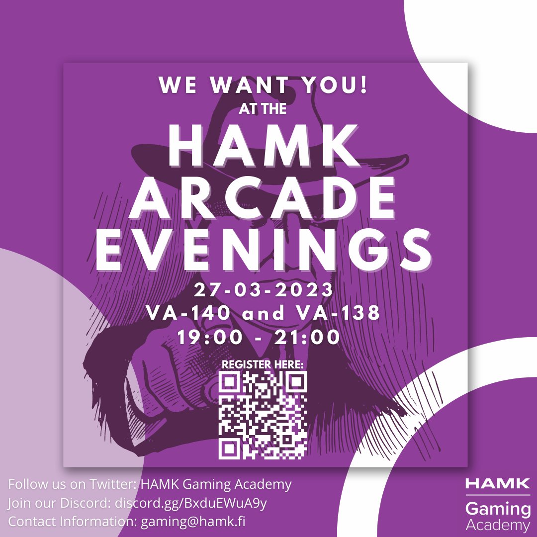 WE WANT YOU! We will be waiting for you at the HAMK Arcade Evenings! Check your schedules and make sure not to miss the first ever of the HAMK Arcade Evenings, starting next Monday!

Register by scanning the QR code or by clicking this link: forms.gle/ntsZc1i4p9hGRf…
#HamkGaming