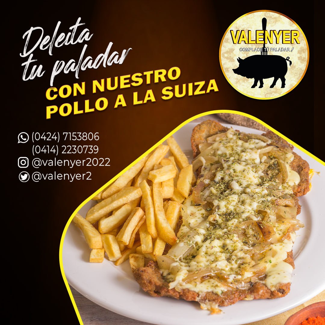 VALENYER C.A

📍Pollo a la broaster.
📍Pollo a la suiza.
📍Cochino solo. 
📍Cochino mixto especial.
📍Salchipapa mixto especial.
📍Choripan. 
📍Patacones.
📍Hamburguesas.
📍Pizzas. 
📍Heladería.
📍Bebidas Refrescantes. 

El Vigía, Mérida, Venezuela.

Contacto:

(0424) 7153806