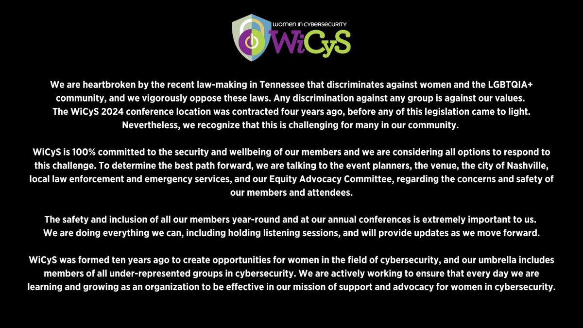 WiCyS Statement on Nashville, TN Announcement for 2024 Conference