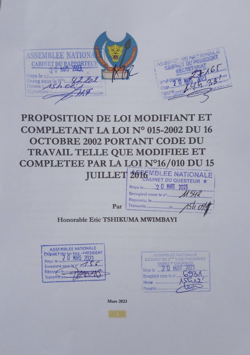 #RDC J’ai déposé à l’@AssembleeN_RDC, ce jour, la proposition de Loi modifiant le Code du Travail en vigueur spécialement dans son article 130 al. 2 pour garantir l’octroi de la totalité des revenus dus à la femme salariée durant son congé de maternité. #DroitsDeLaFemme🇨🇩