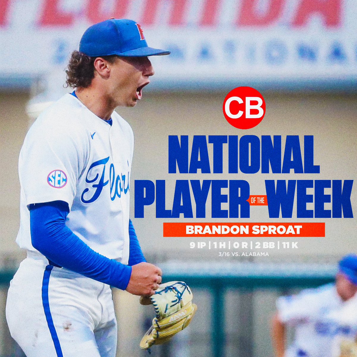 GatorsBB's tweet photo. 🏆 @SEC Pitcher of the Week
🏆 @CBNewspaper Player of the Week

Honors on honors for @BrandonSproat 💪

#GoGators // 🗞️ https://t.co/8T35nMvwuA https://t.co/cZfzaqTJzg